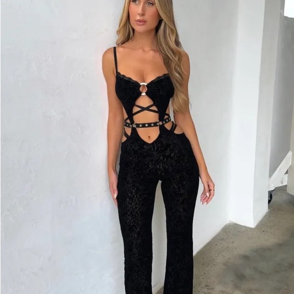 outcast Pants - Outcast Lulu Black Velvet Cutout Jumpsuit